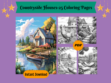 Countryside Houses Grayscale Printable Coloring Pages