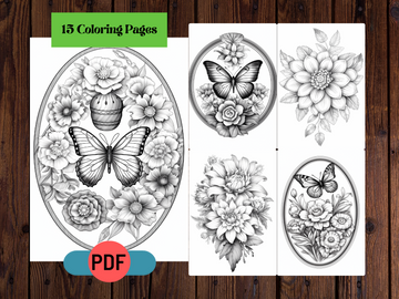 Mandala Flowers and Butterflies Grayscale Printable Coloring Pages