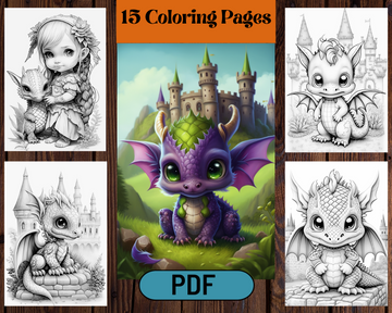 Fantasy Dragons & Castles Grayscale Printable Coloring Pages for Adults