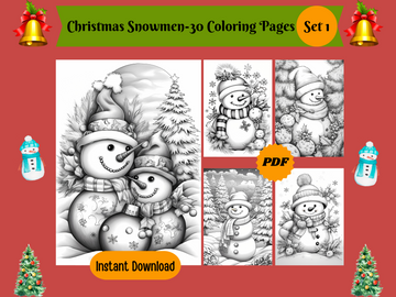 30 Christmas Snowmen Set 1-Printable Grayscale Coloring Pages, Digital download