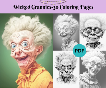 Wicked Granny - Printable Grayscale Coloring Pages, Digital download