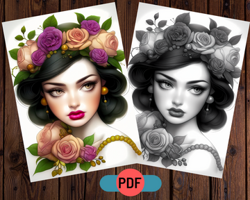 Beautiful Girl With Roses Grayscale Coloring Page For Adults & Kids