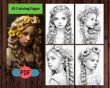 Serene Flower Braid Girls Grayscale Coloring Pages for Adults & Kids