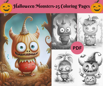 Funny Halloween Monsters-Grayscale Printable Coloring Pages For Adults & Kids