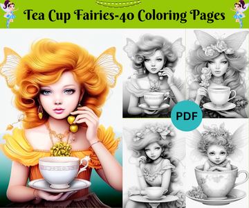 40 Tea Cup Fairies Set 1-Grayscale Printable Coloring Pages For Adults, Digital Download