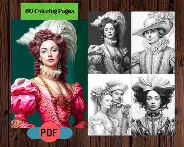 50 Baroque Men And Women Grayscale Printable Coloring Pages For Adults