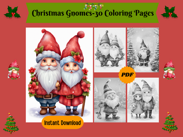 30 Christmas Gnomes Set 1-Printable Grayscale Coloring Pages, Digital download