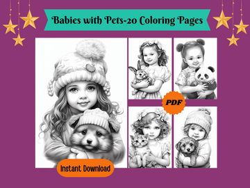 Adorable Babies With Their Pets Grayscale Coloring Pages For Adults & Kids