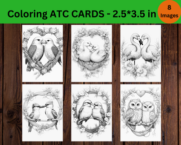 Lovey Dovey Birds Graustufen-Ausmalbilder, digitale ATC-Karten, sofortiger Download