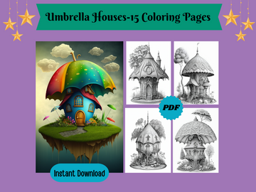 Fantasy Fairy Umbrella Houses Grayscale Printable Coloring Pages