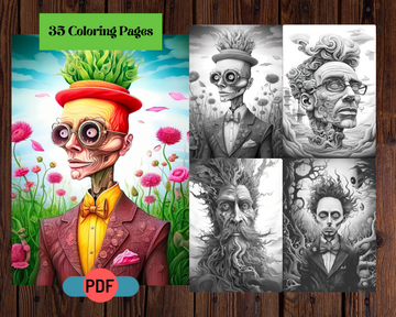 Spooky Men-Grayscale Printable Coloring Pages For Adults & Kids
