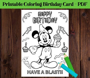 Printable Mickey Mouse Coloring  Birthday Greeting Card, DIY Birthday Gift