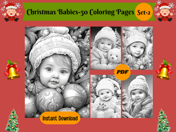50 Christmas Babies Set 2-Printable Grayscale Coloring Pages, Digital download
