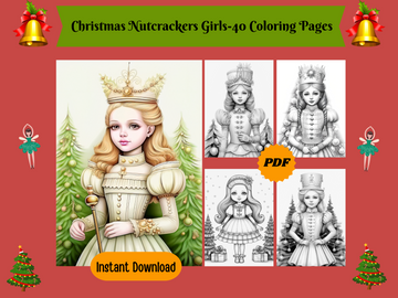 40 Christmas Nutcracker Girls-Printable Grayscale Coloring Pages, Digital download