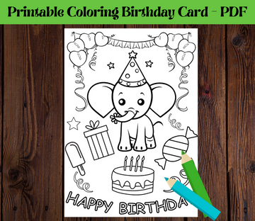 Printable Elephant Coloring Birthday Greeting Card For Kids, DIY Birthday Gift