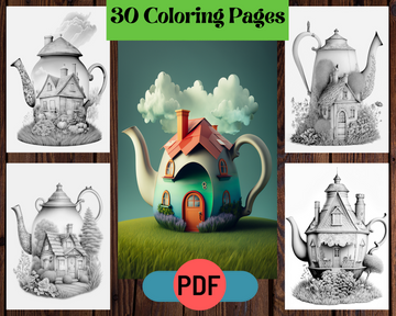 Magical Fairy Garden Kettle Houses Grayscale Printable Coloring Pages