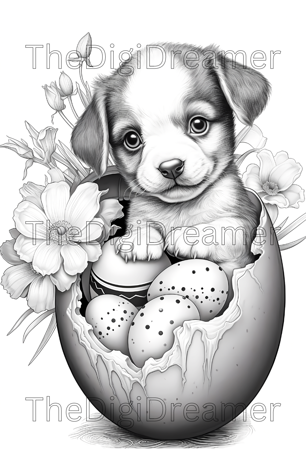 Animals in Broken Eggs Grayscale Coloring Pages