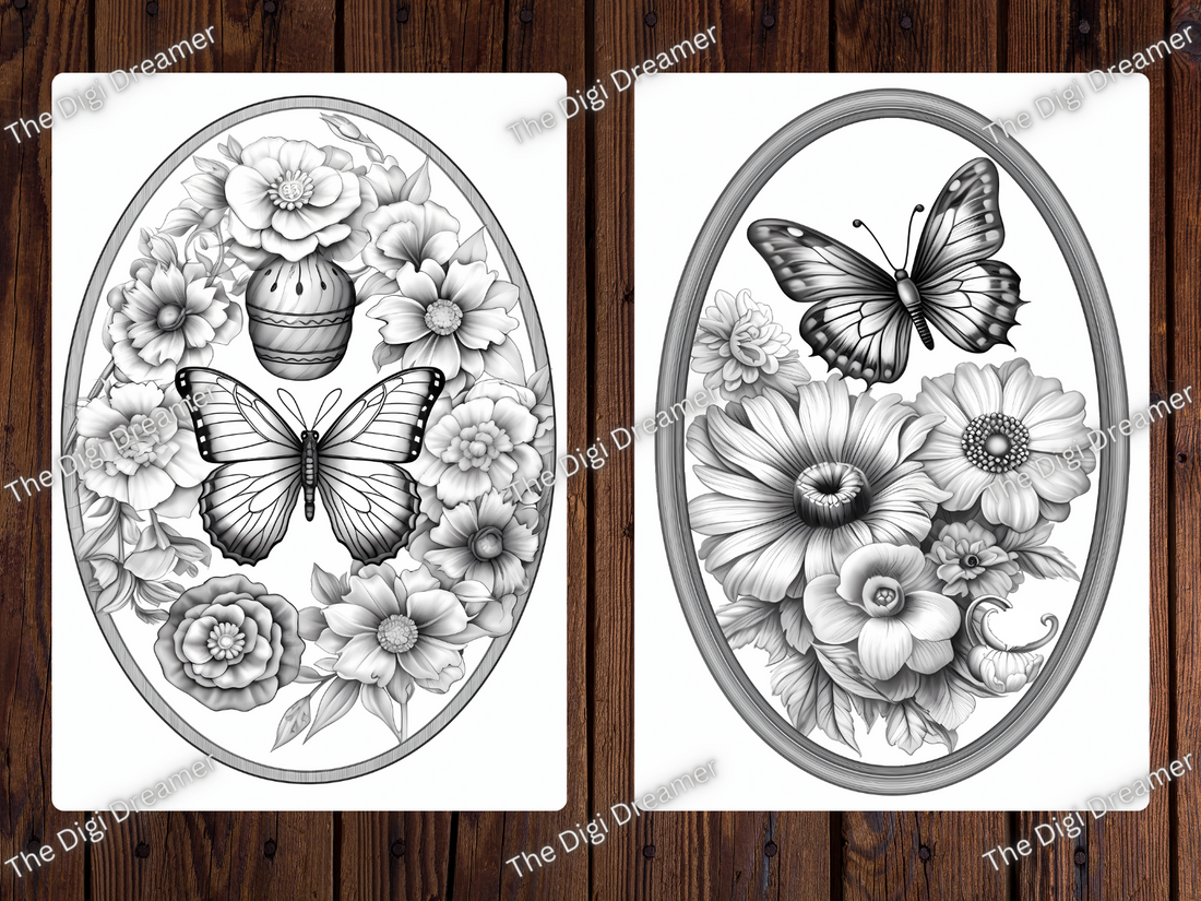 Mandala Flowers and Butterflies Grayscale Printable Coloring Pages
