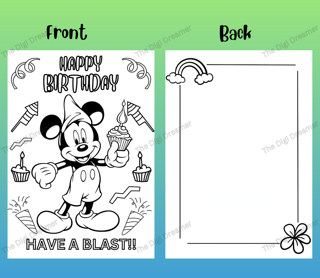Printable Mickey Mouse Coloring  Birthday Greeting Card, DIY Birthday Gift