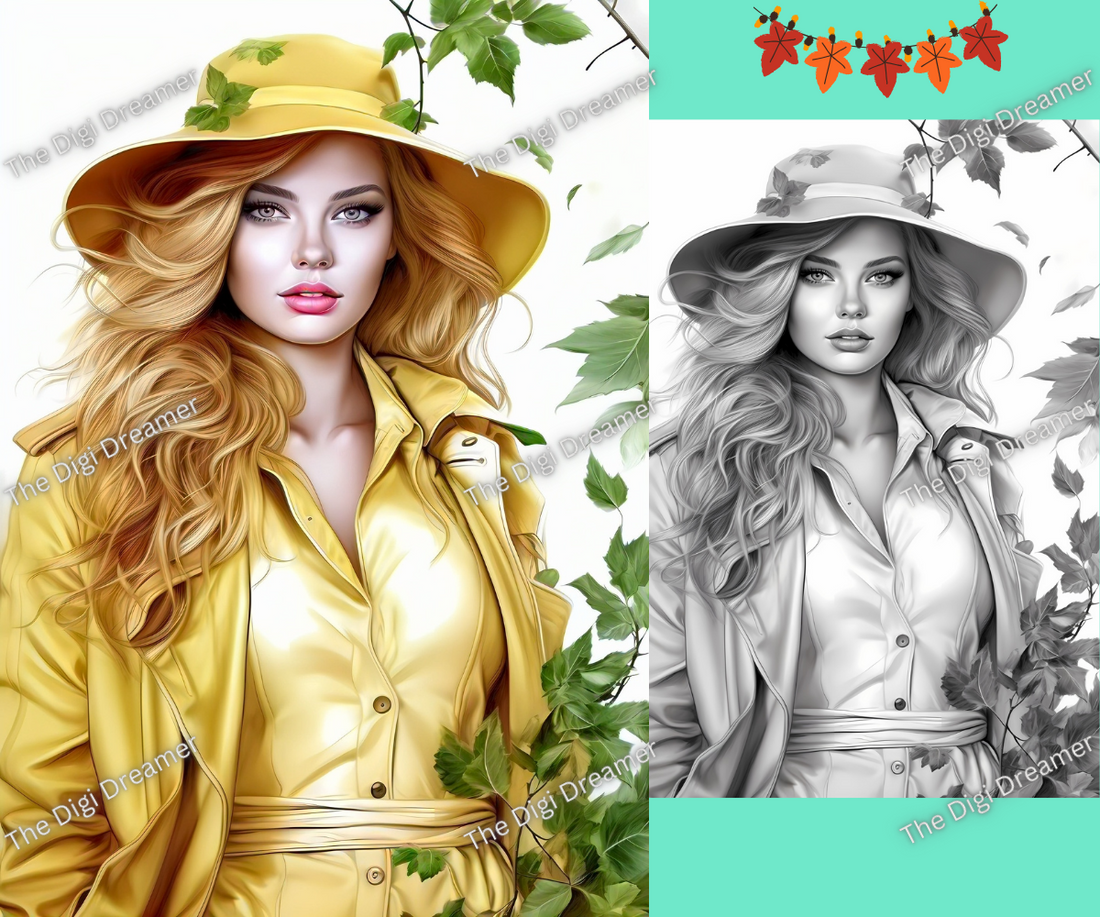 Fall Fashion - Printable Grayscale Coloring Pages, Digital download