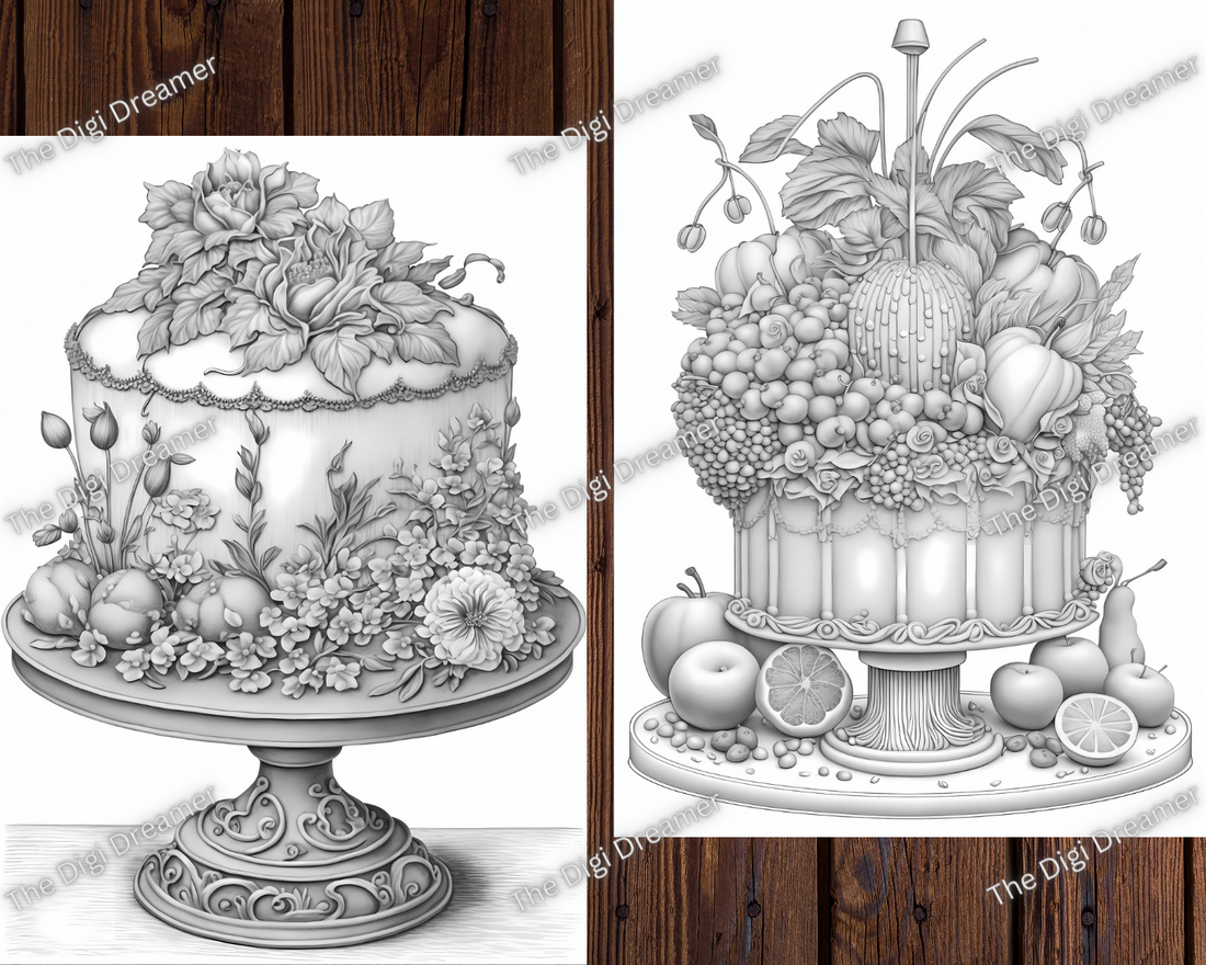 Whimsical Cakes Grayscale Coloring Pages For Adults & Kids Volume 1
