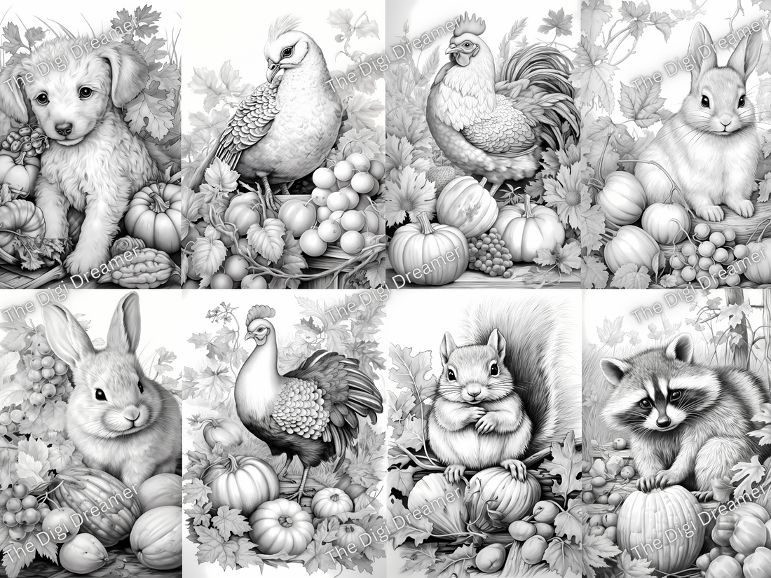 Fall Animals Set2-Printable Grayscale Coloring Pages, Digital download