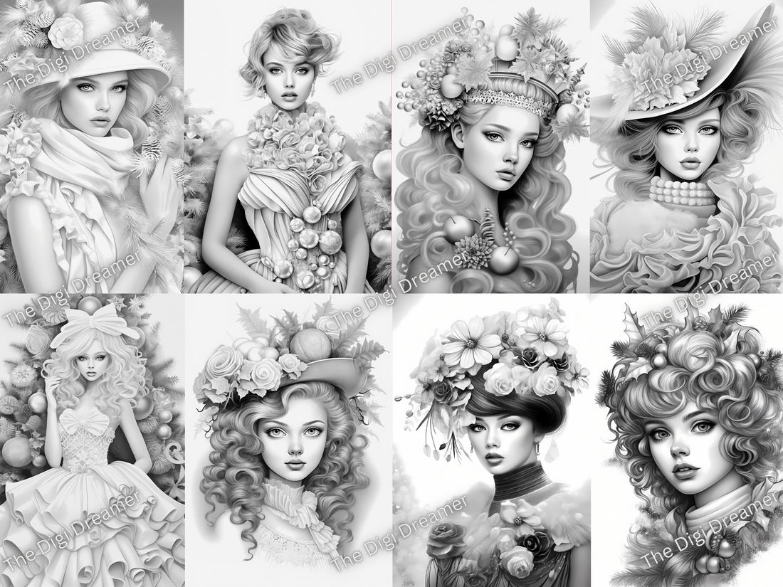 50 Christmas Fashion Week-Printable Grayscale Coloring Pages, Digital download