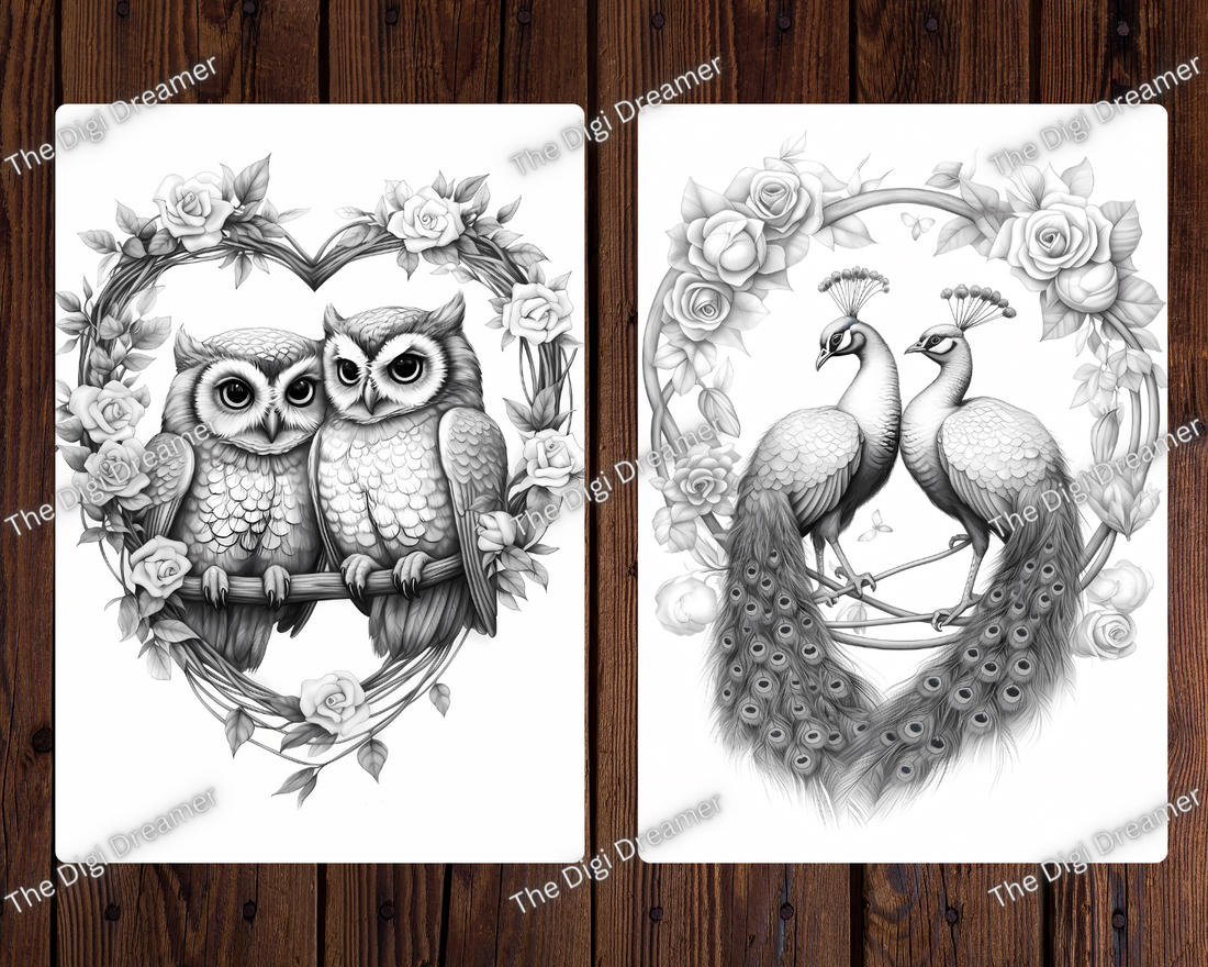 Lovey Dovey Birds Grayscale Coloring Pages
