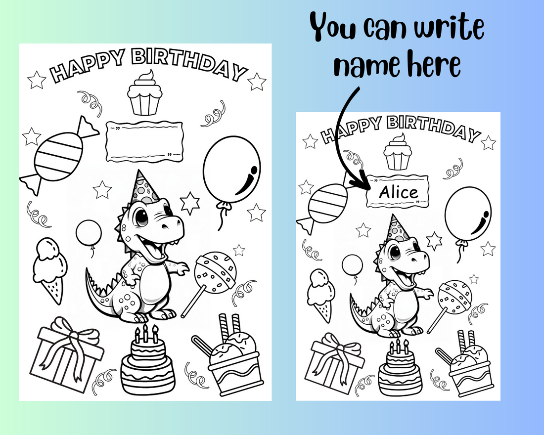 Printable Dinosaur Coloring Birthday Greeting Card For Kids, DIY Birthday Gift