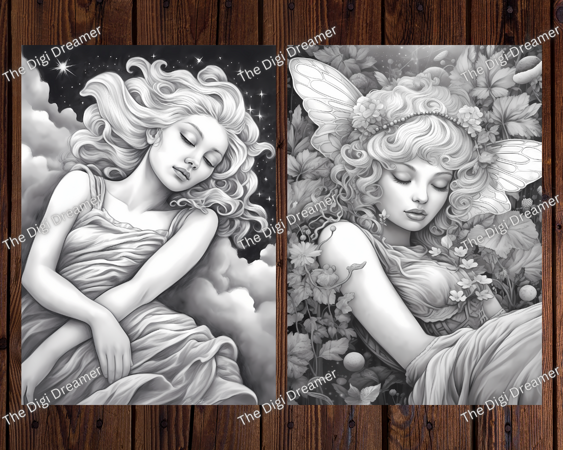Beautiful Sleeping Fairies Grayscale Coloring Pages For Adults