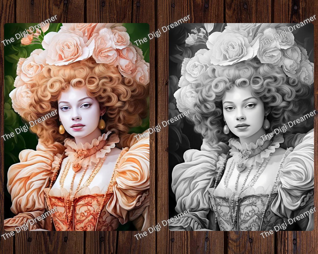 50 Baroque Men And Women Grayscale Printable Coloring Pages For Adults