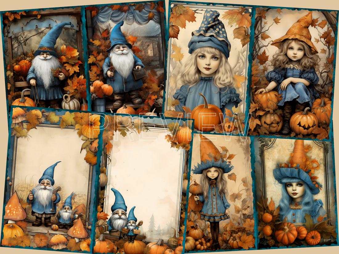 Fall Gnomes-Printable Junk Journal Kit, Journal Cards, ATC Cards, Digital Download