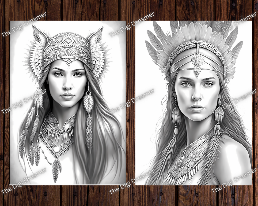 Boho Native American Women Grayscale Coloring Pages
