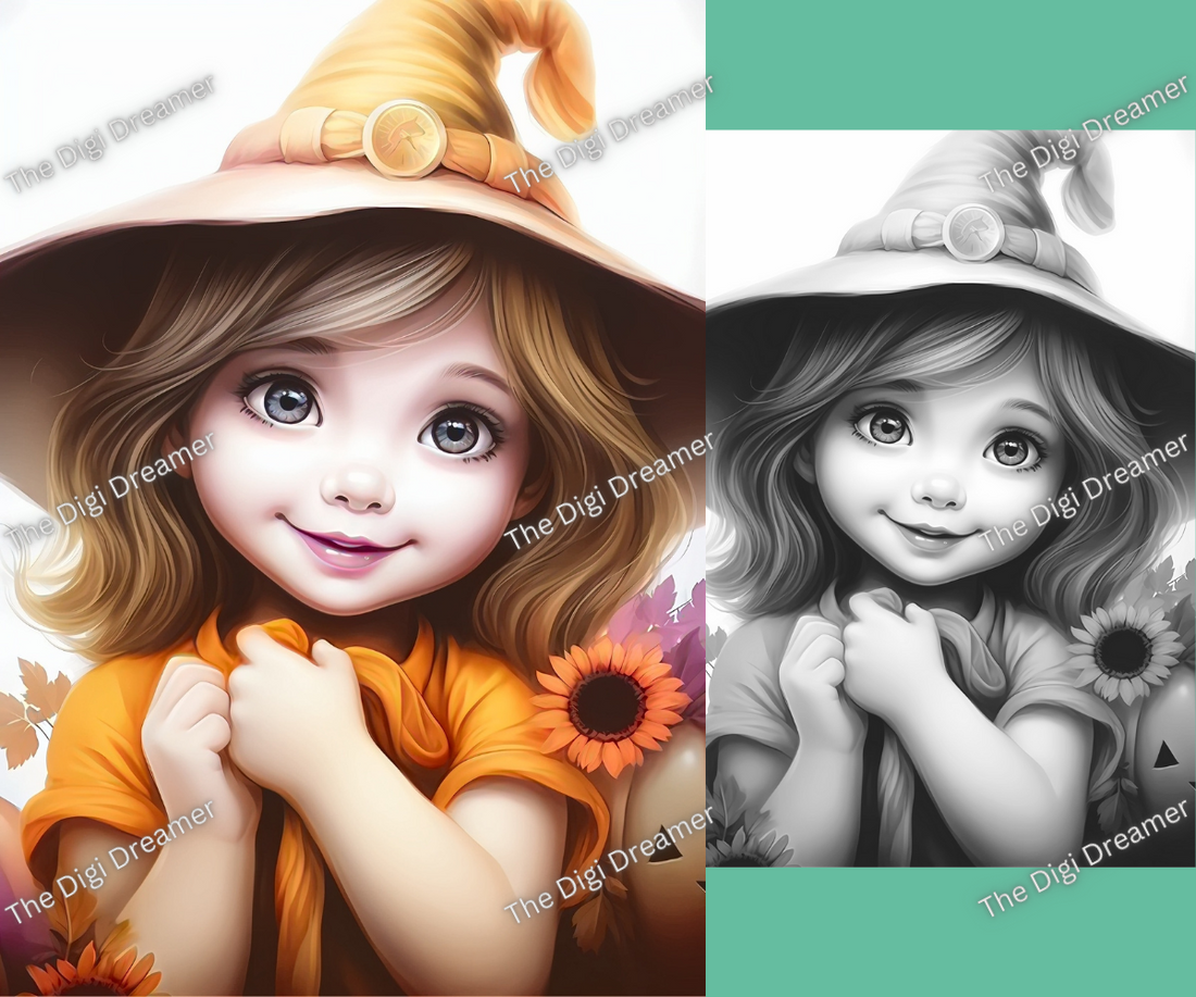 Cute Witches & Halloween-Printable Grayscale Coloring Pages, Digital download