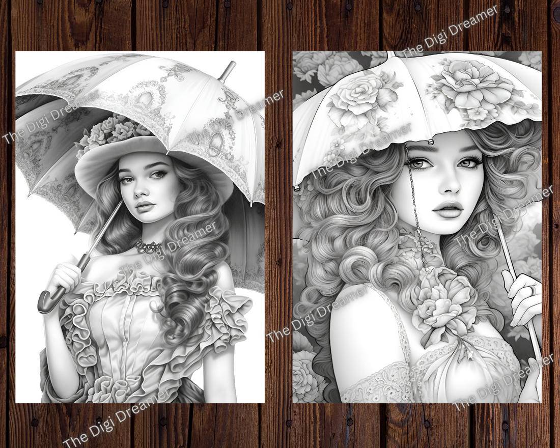 Beautiful Vintage Umbrella Girls Grayscale Coloring Pages