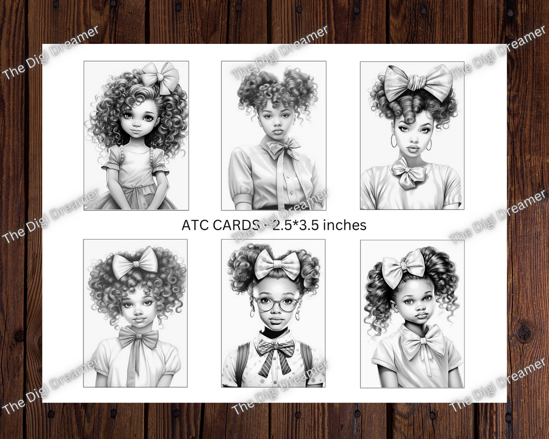 Girls With A Bow Grayscale Coloring Digital ATC Cards, Instant Download