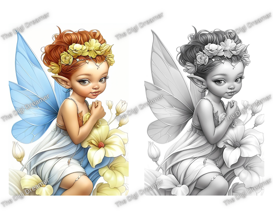 Garden Elf Fairies Grayscale Printable Coloring Pages, Digital Download