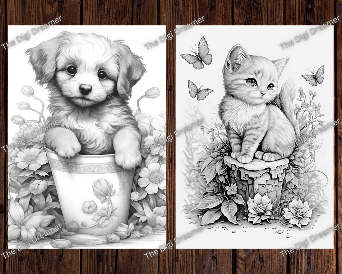 Adorable Cute Puppies And Kittens Grayscale Coloring Pages