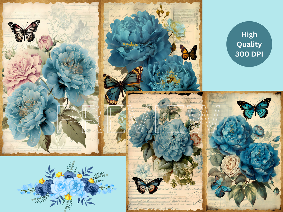 Blue Peonies - Printable Junk Journal Pages, Digital Download