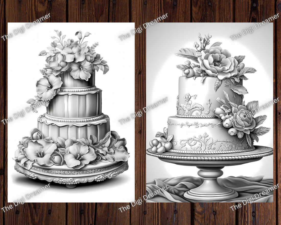 Whimsical Cakes Printable Grayscale Coloring Pages For Adults Volume 2