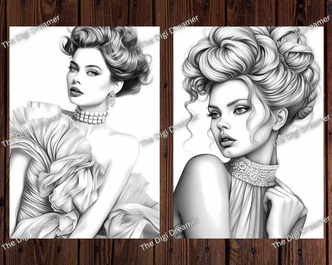 Fashionable Photoshoot Models Grayscale Coloring Pages For Adults
