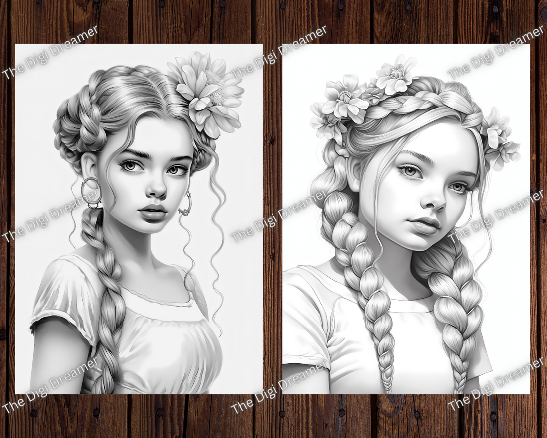 Serene Flower Braid Girls Grayscale Coloring Pages for Adults & Kids