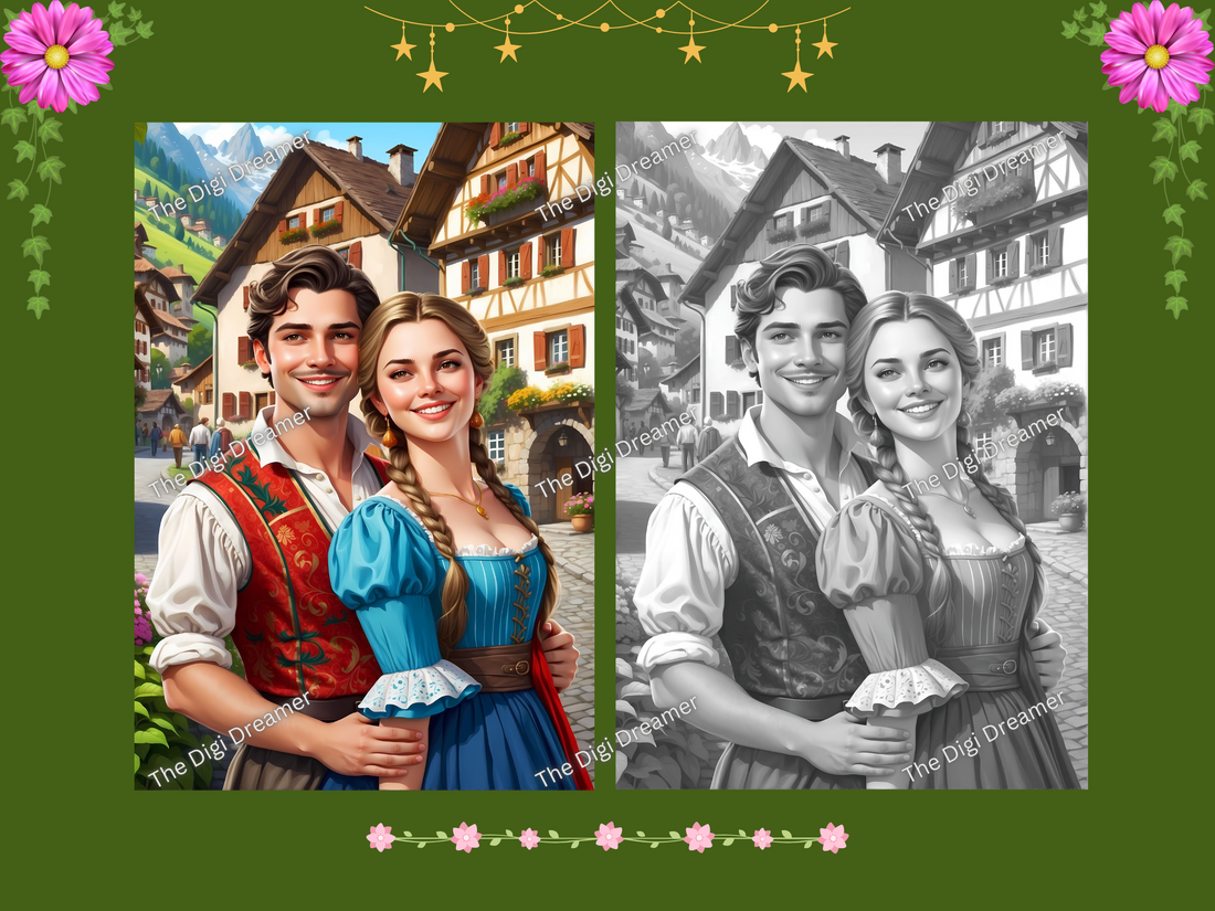 A Journey to Switzerland-60 Printable Grayscale Coloring Pages, Digital download