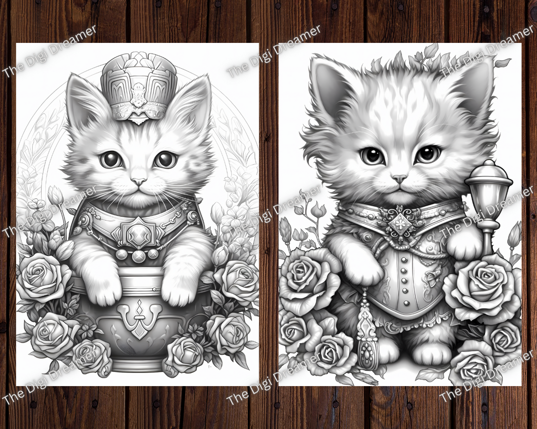 Fantasy Royal Cats Grayscale Coloring Pages