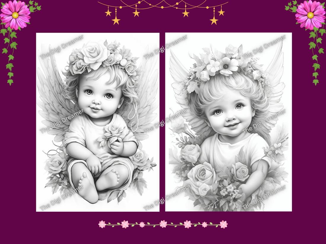 Adorable Fairy Angel Babies Grayscale Coloring Pages