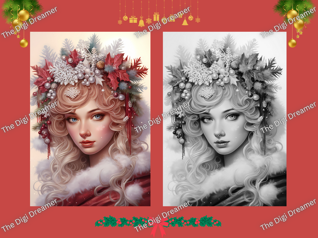 25 Snowflake fairies-Printable Grayscale Coloring Pages, Digital download