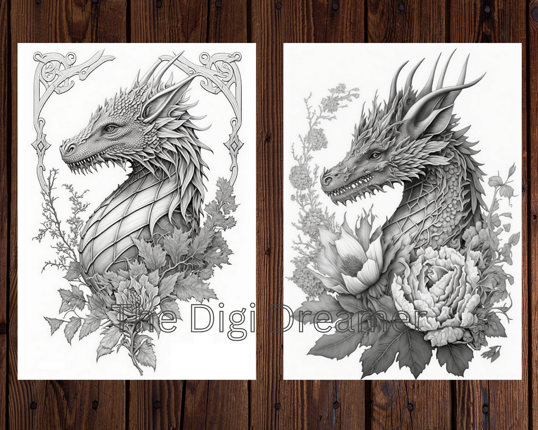 Fantasy Dragons and Flowers Grayscale Printable Coloring Pages