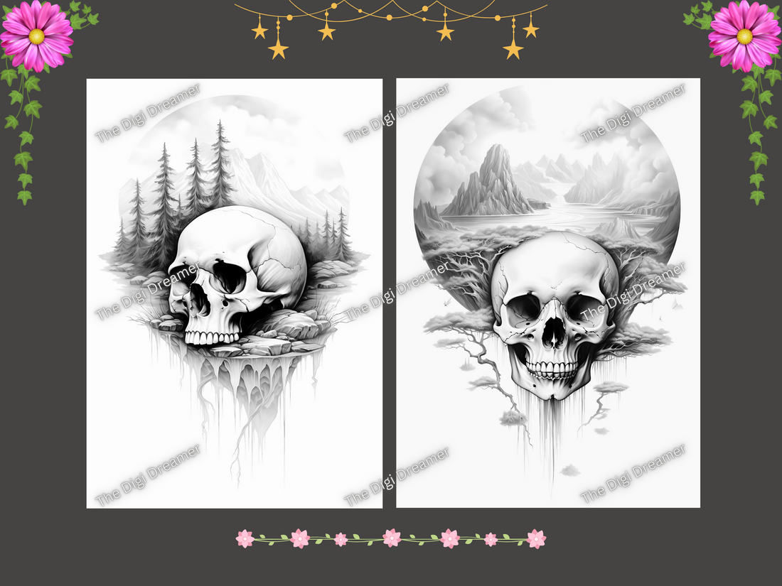 Haunted Landscapes-Grayscale Printable Coloring Pages For Adults & Kids