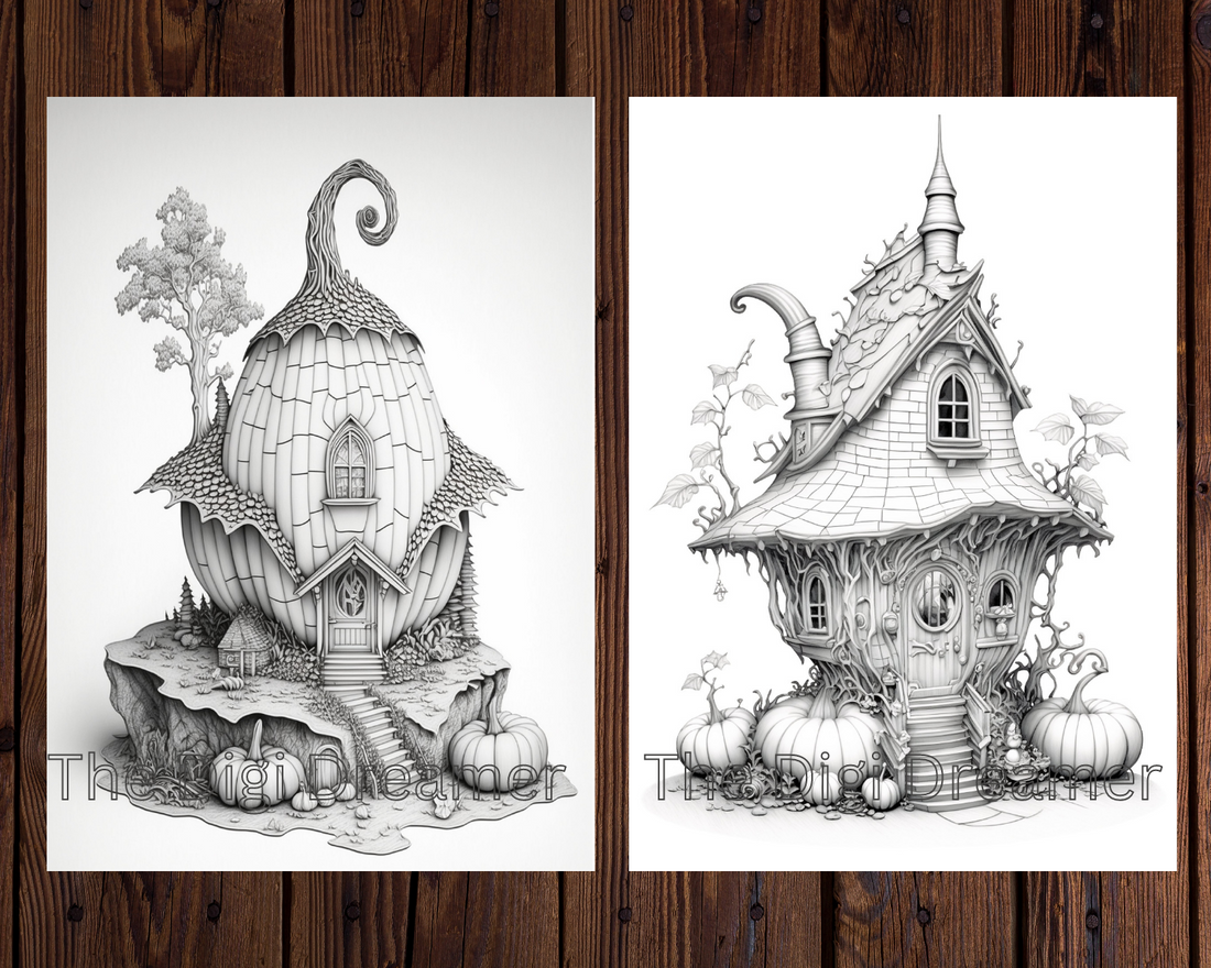 Whimsical Pumpkin Houses - Grayscale Printable Coloring Pages for Adults