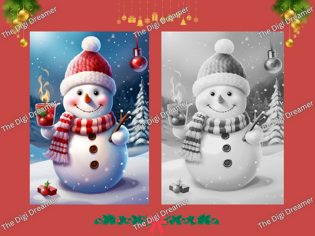 60 Christmas Snowmen Set 2-Printable Grayscale Coloring Pages, Digital download